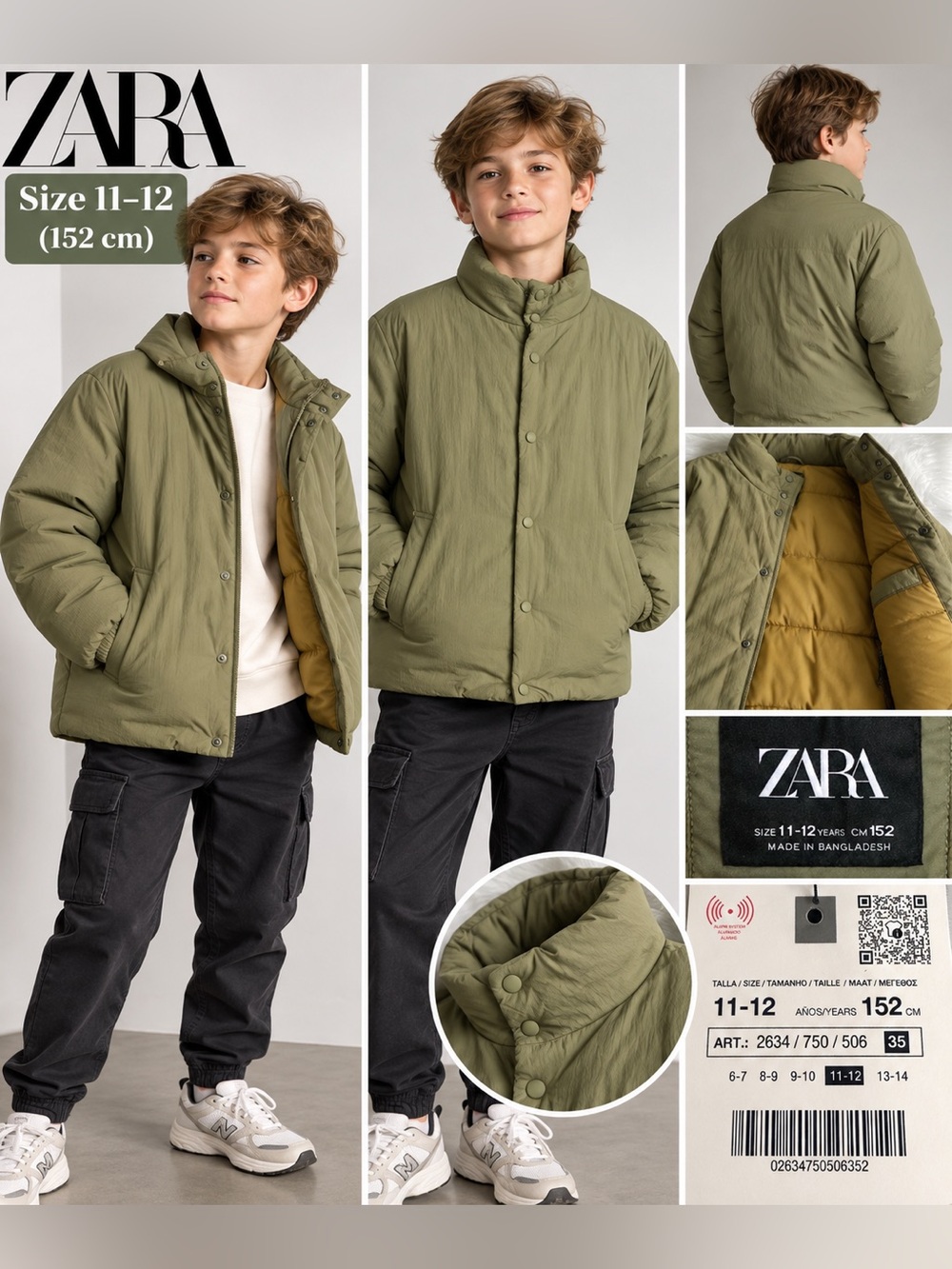Zara Kids Olive Green Puffer Jacket with Mustard Lining Sz 11-12  152cm NWT